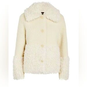 NWT. Maje Ivory-white wide collar faux-fur coat. Size 40T.